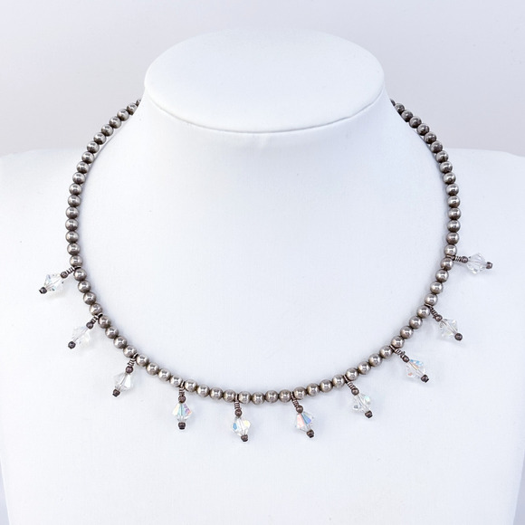 Vintage Sterling Silver 925 Beaded Crystal Drop Collar Necklace 15" - Picture 1 of 4